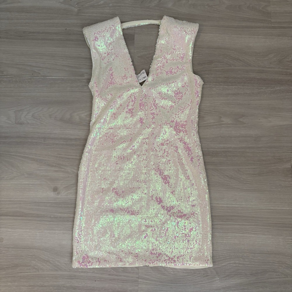 Forever 21 Women Mini Dress Iridescent Pink Sequin V-Neck Sleeveless Size M NWT